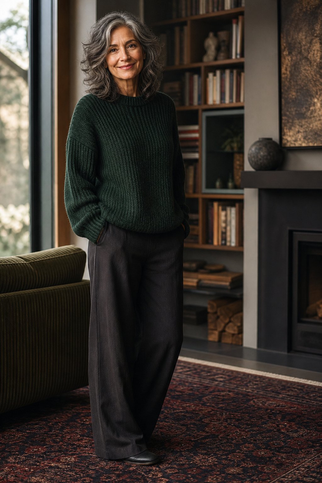 Woman with salt and pepper hair wearing a deep forest green sweater, green neutral color that flatters grey hair