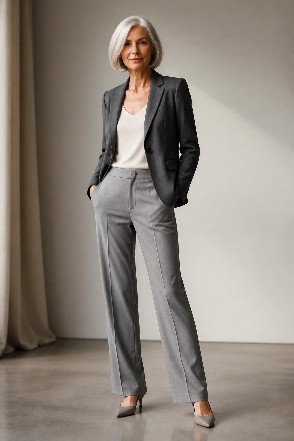 Confident woman with silver hair wearing a charcoal grey blazer and slate trousers, grey neutral colors for grey hair