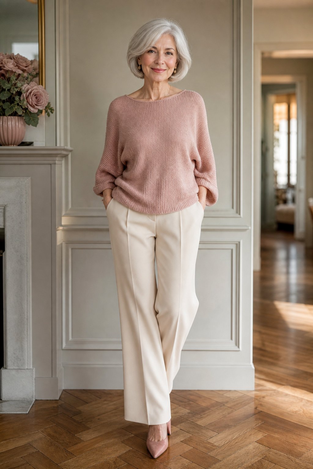 Woman with silver bob wearing a dusty rose knit top and cream trousers, blush neutral that flatters grey hair
