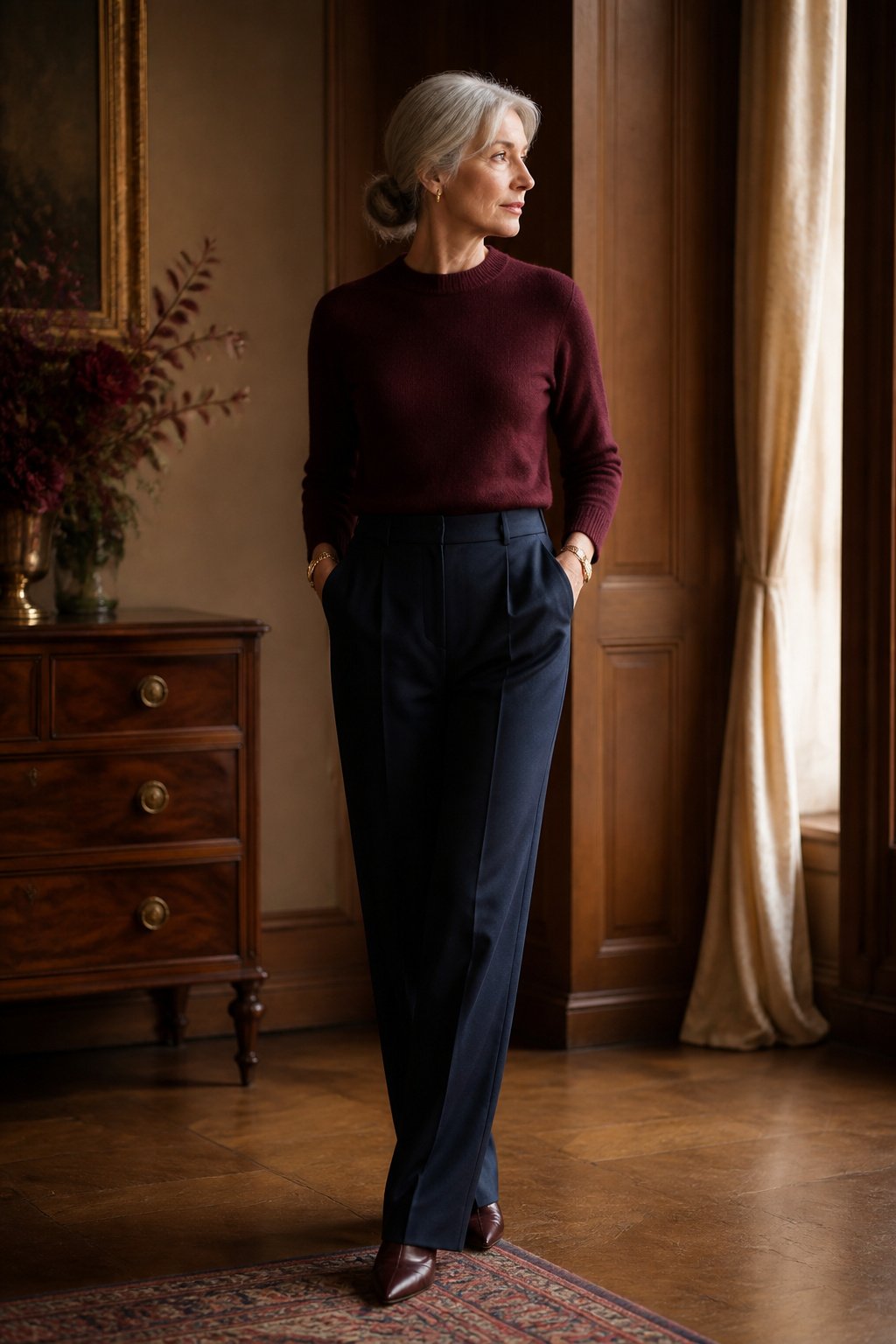 Elegant woman with silver hair wearing an oxblood sweater and navy trousers, burgundy neutral for grey hair