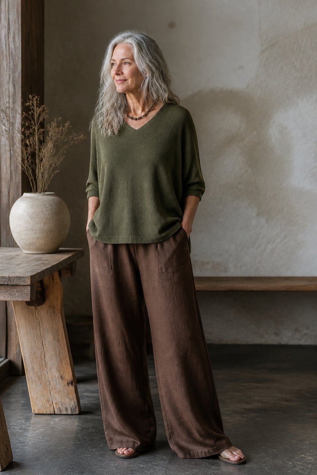 Woman with grey hair wearing an olive knit top and mushroom brown trousers, olive neutral color for silver hair