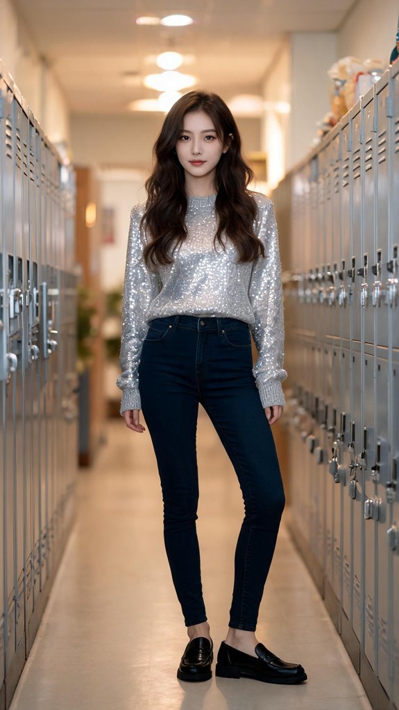 sparkly sweater with dark jeans