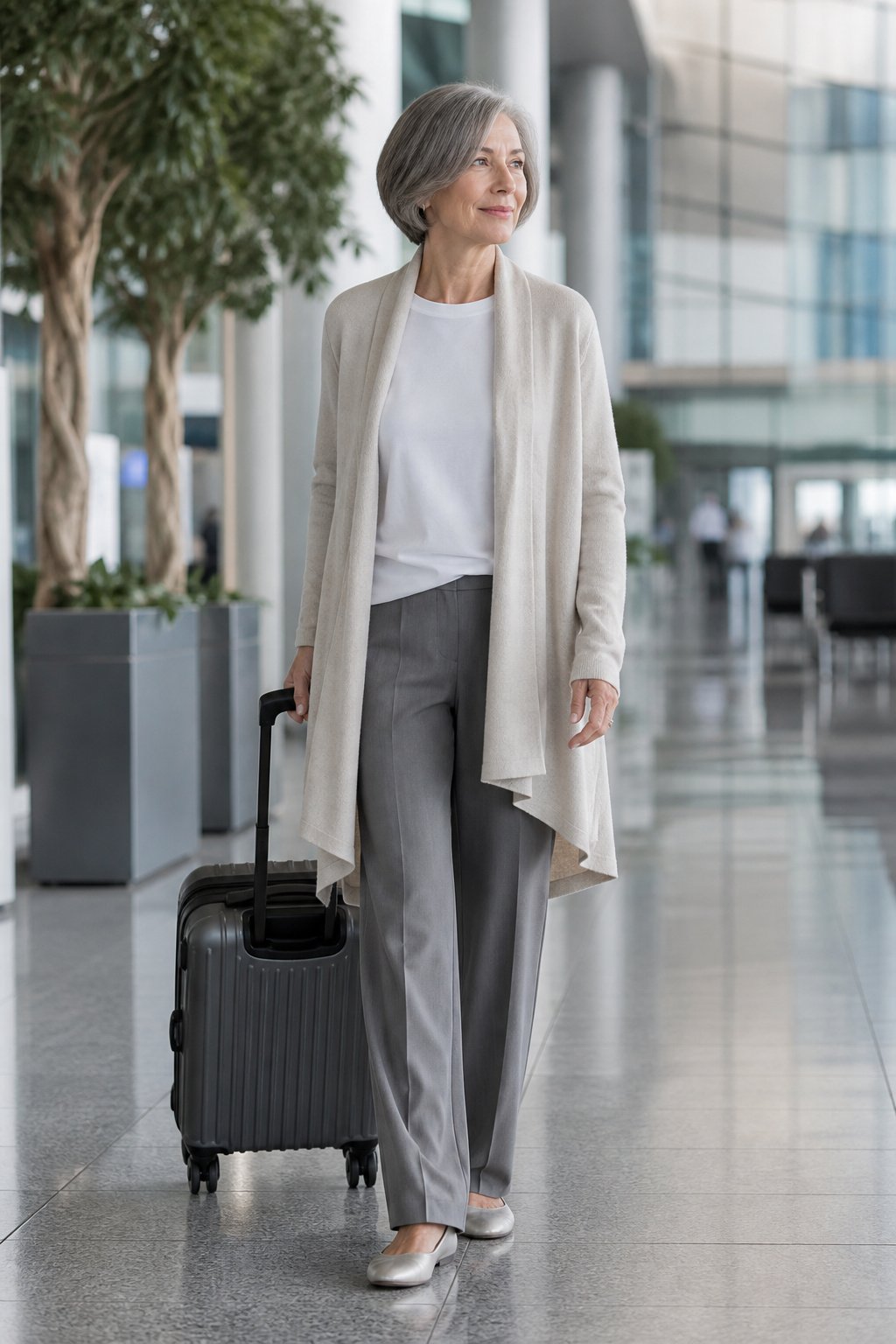 Woman over 60 in grey crepe trousers and an oatmeal cardigan at an airport, travel outfit