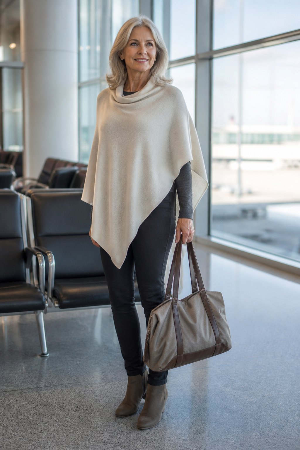 Woman over 60 wearing a lightweight poncho over a knit top at an airport gate, travel layer outfit