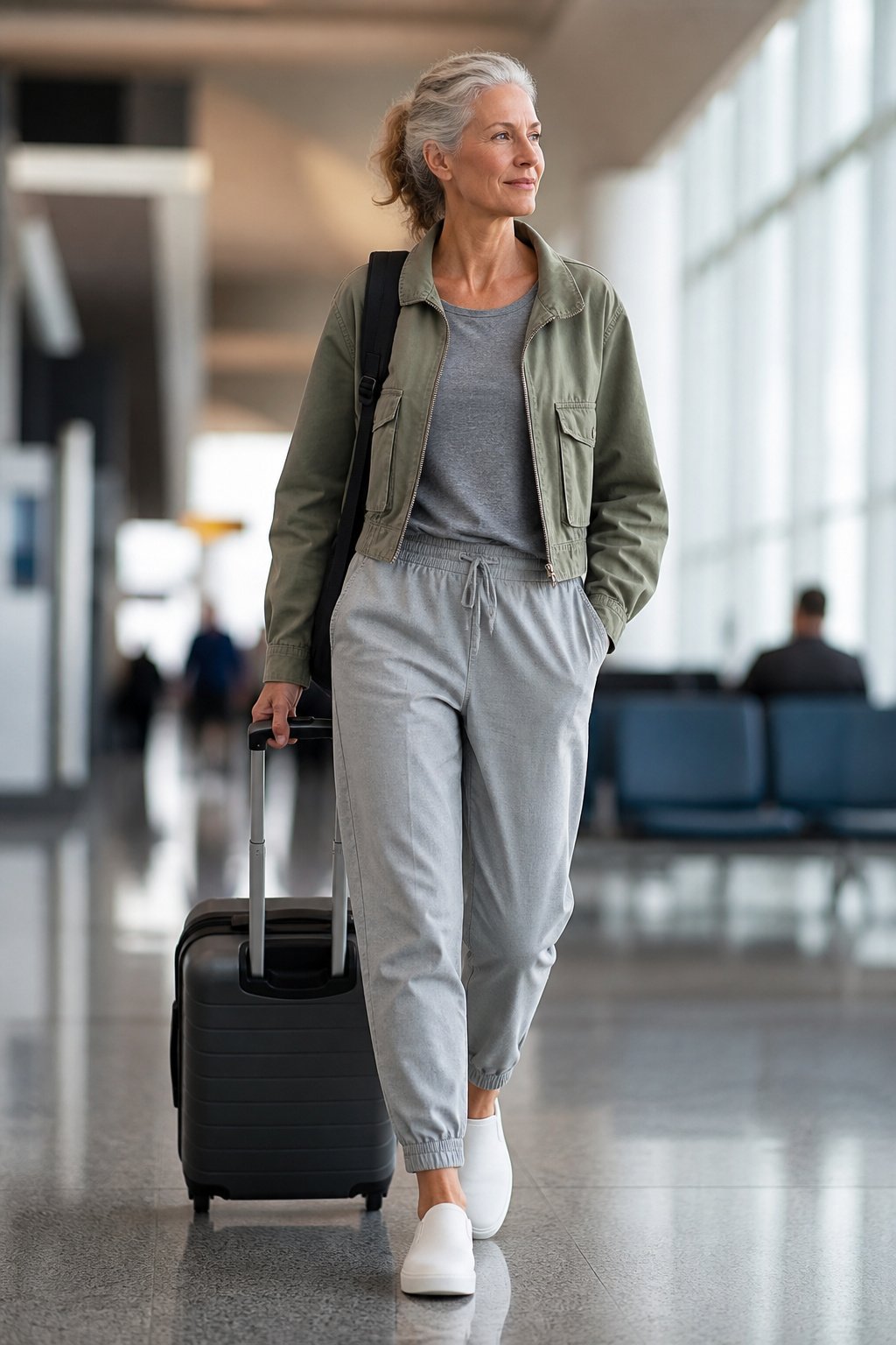 Active woman over 50 in a sage zip front jacket and jogger trousers with sneakers at an airport