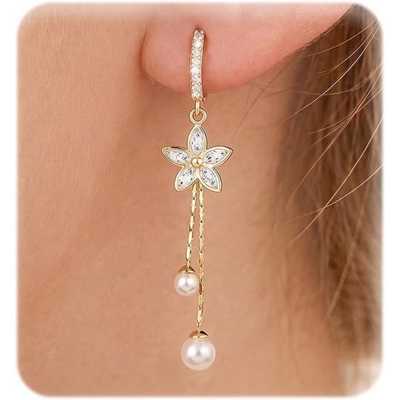 Trinckle Dainty Gold Pearl Dangle Earrings
