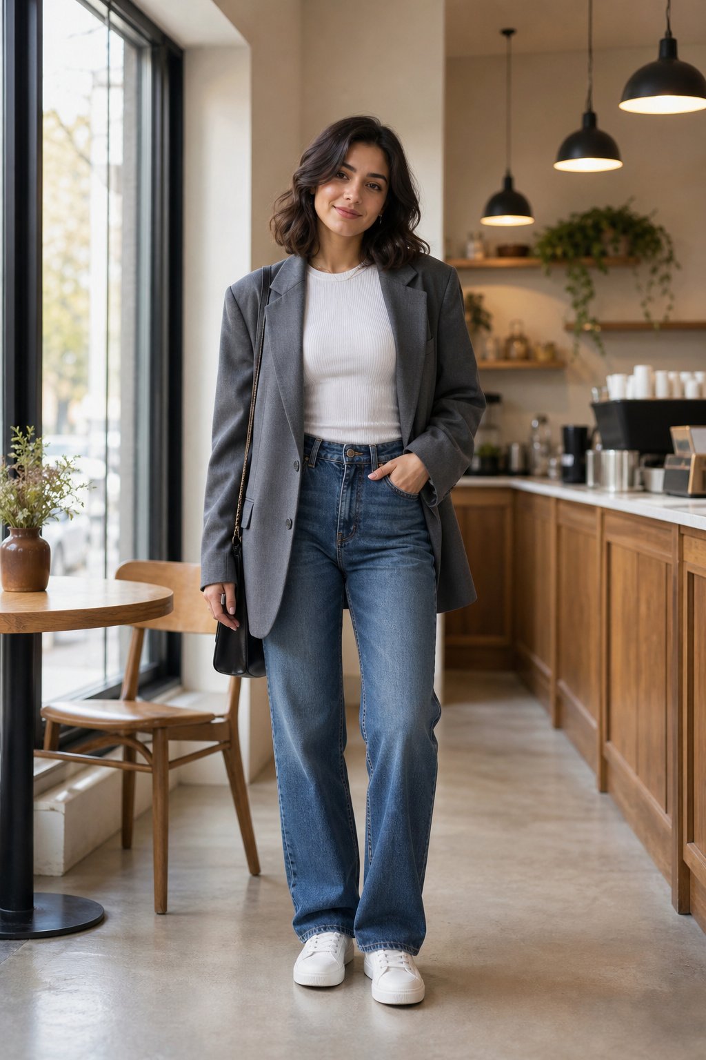 Young woman in an oversized grey blazer with white top and high-waisted jeans in a coffee shop