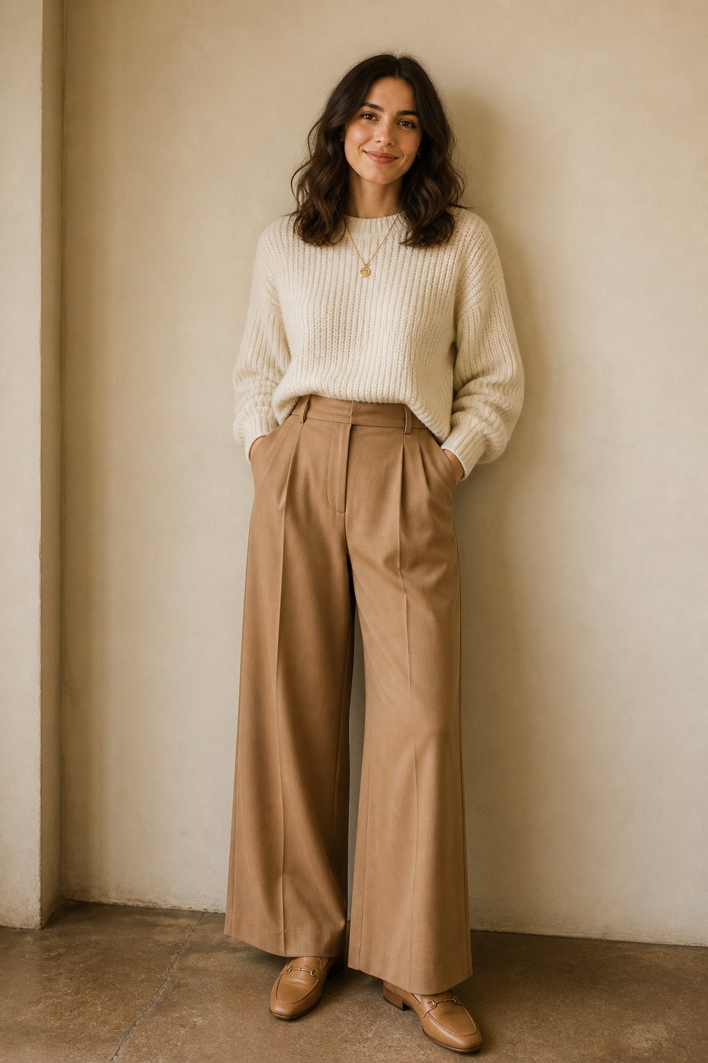 Young woman in a cream chunky knit sweater with camel wide-leg trousers and loafers