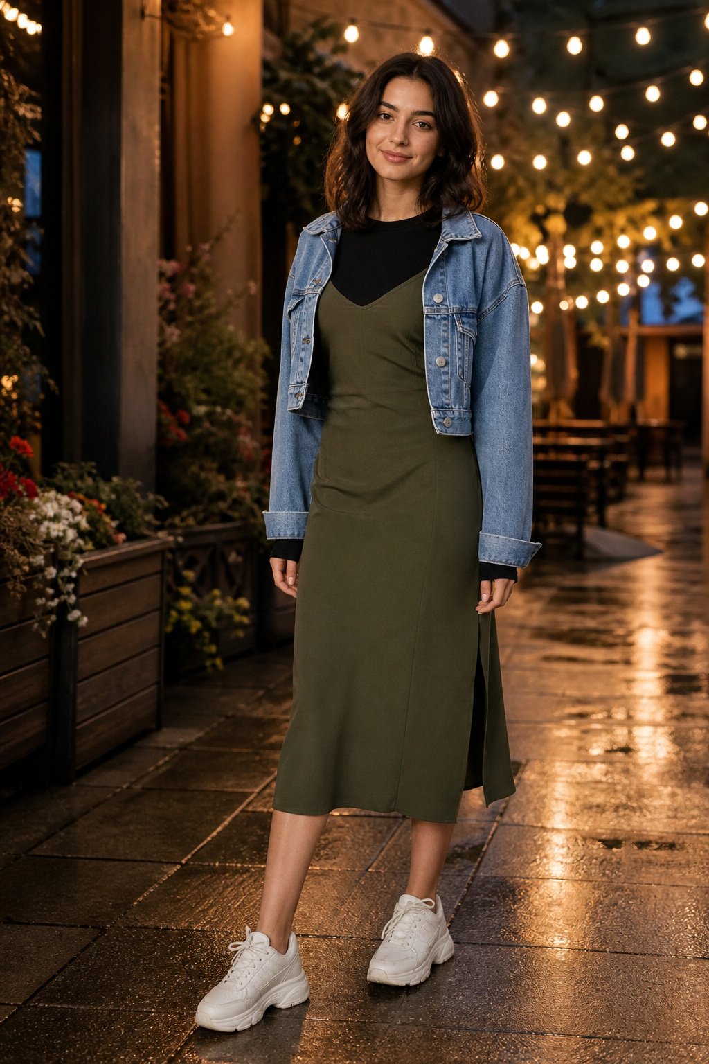 Young woman in an olive slip dress layered over a black turtleneck with denim jacket and sneakers