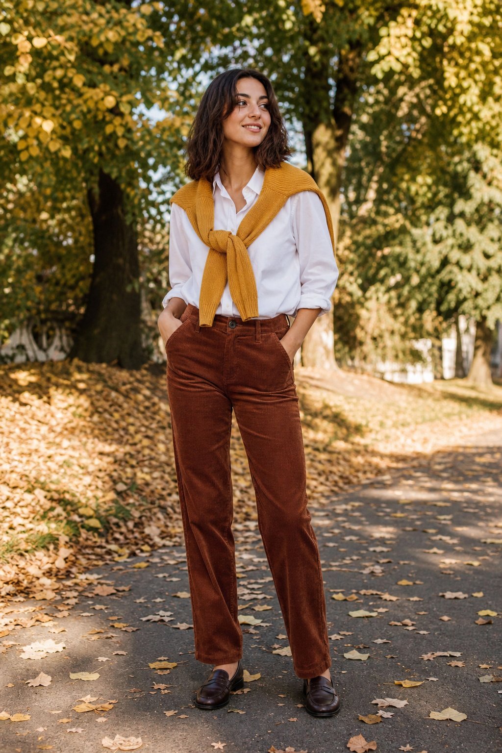 Young woman in rust corduroy pants with a white button-down and mustard sweater in a park