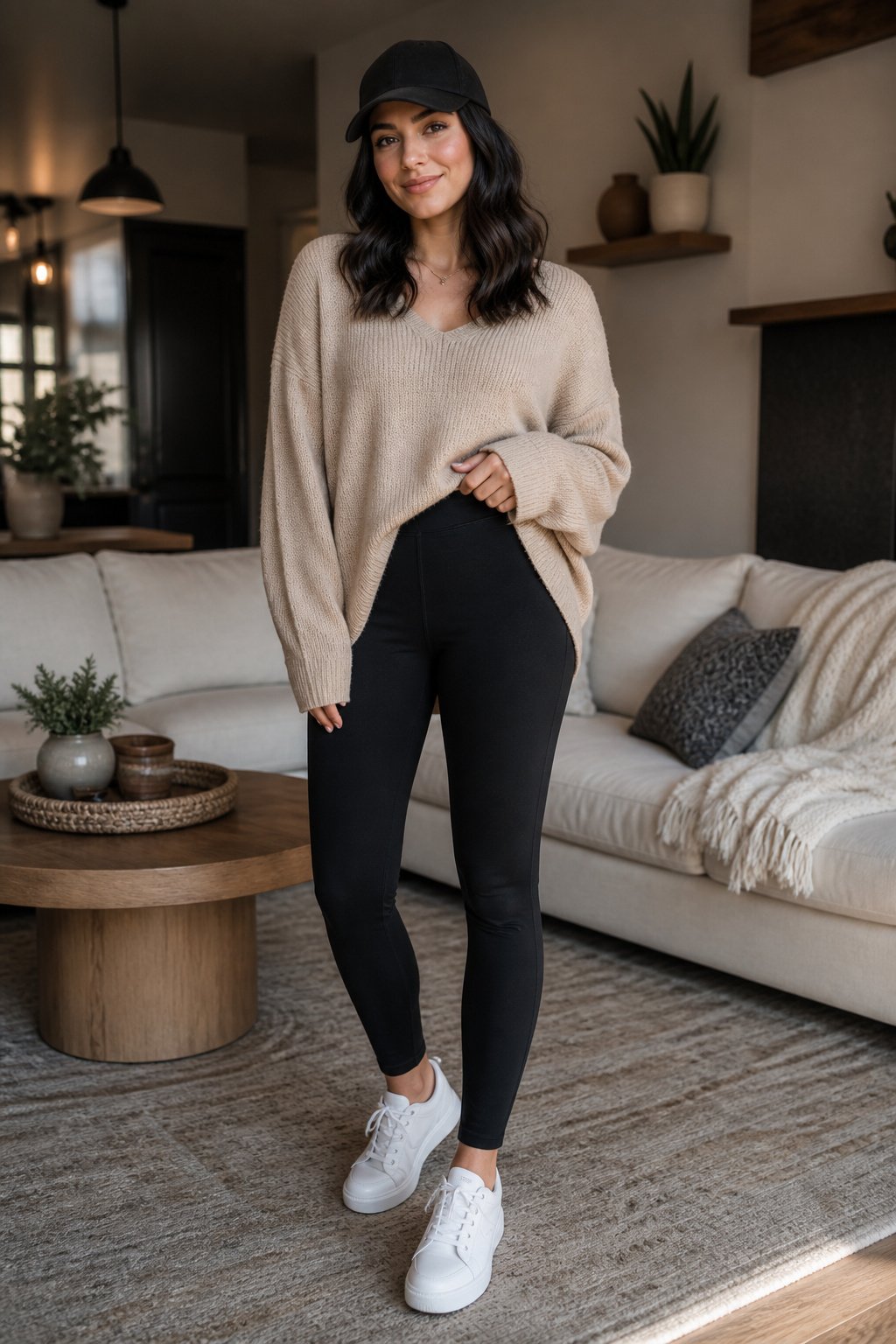 Young woman in a cozy oversized beige knit tunic over black leggings at home