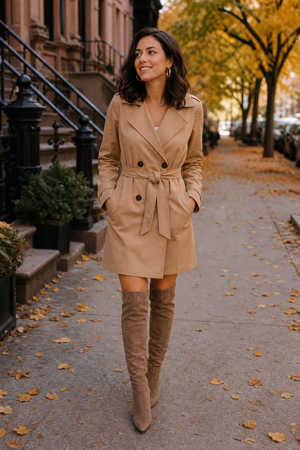 Young woman in a tan trench coat styled as a dress with a belt over-the-knee boots on a city street