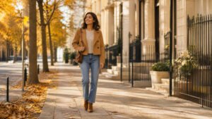 Young woman in her 20s in a cropped camel coat over knit sweater and jeans on an autumn city street, affordable fall outfit
