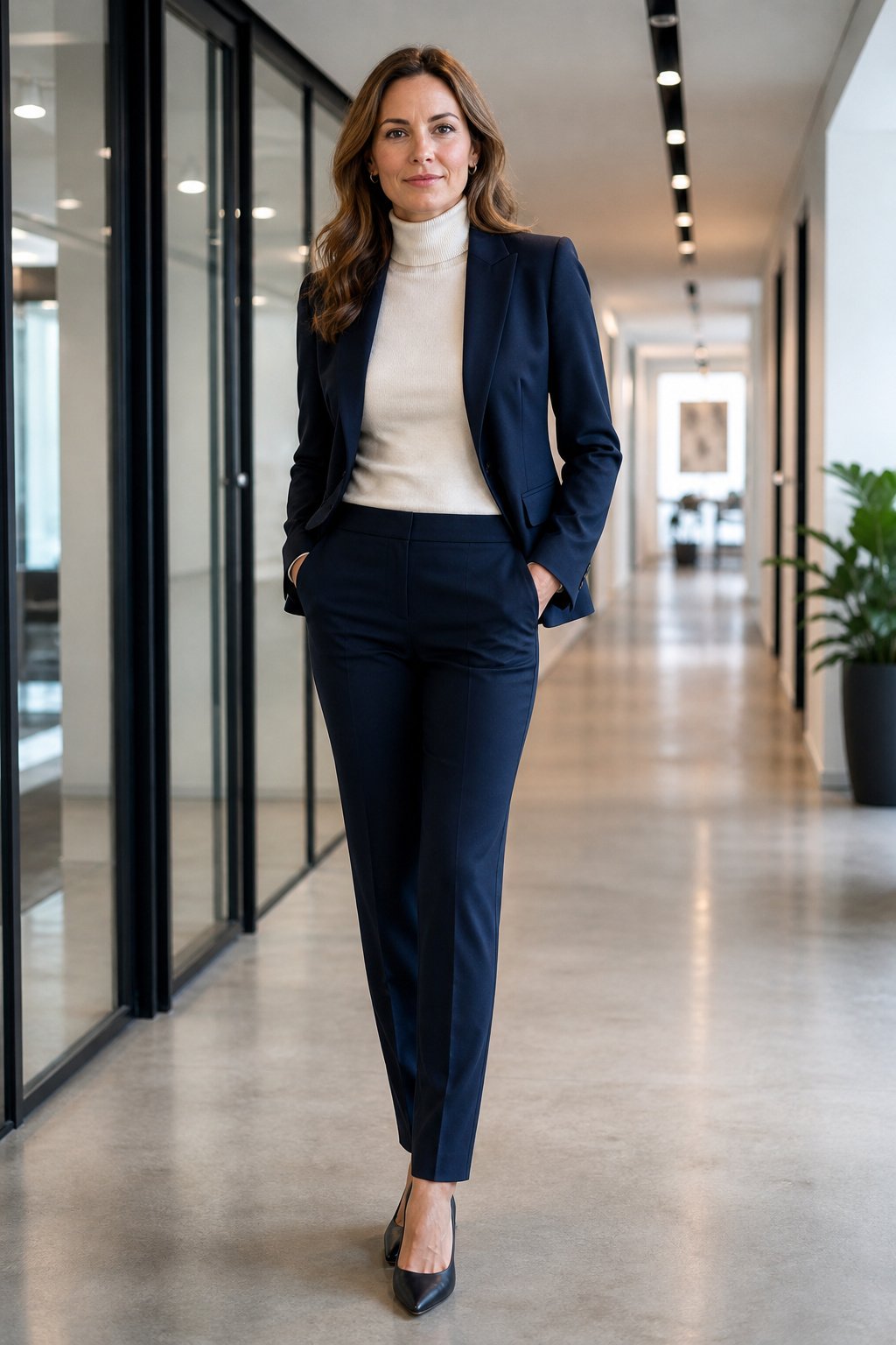 Woman in her forties in sleek thin turtleneck under a navy blazer at the office