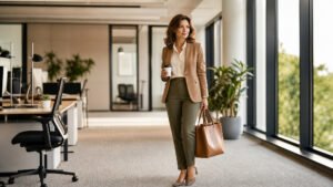 Woman in her early forties in a tailored camel blazer and cream blouse, polished modern office wear