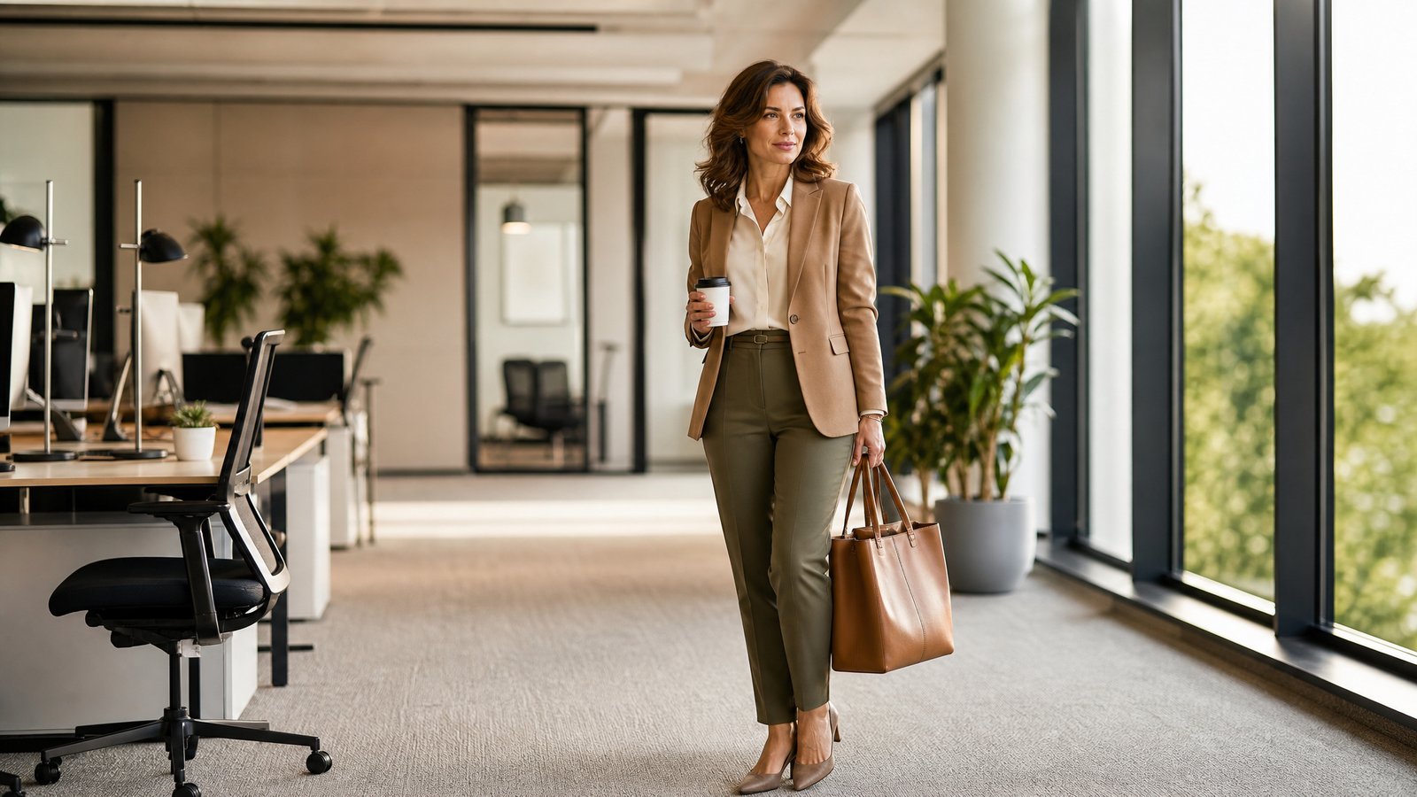 Woman in her early forties in a tailored camel blazer and cream blouse, polished modern office wear