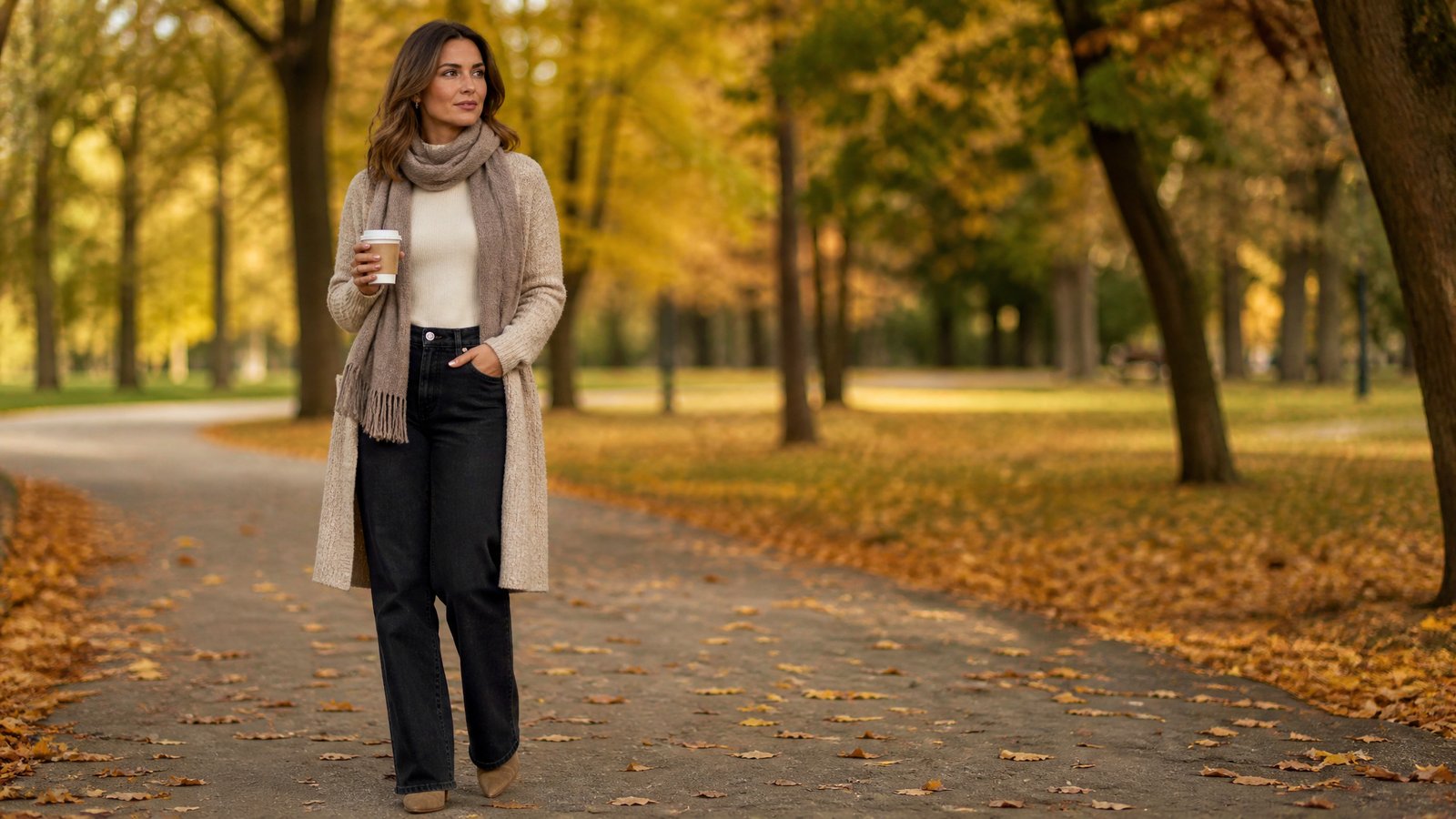 Woman in her mid 30s in a longline oatmeal cardigan over a cream tee, jeans and a taupe scarf in an autumn park, affordable fall essentials