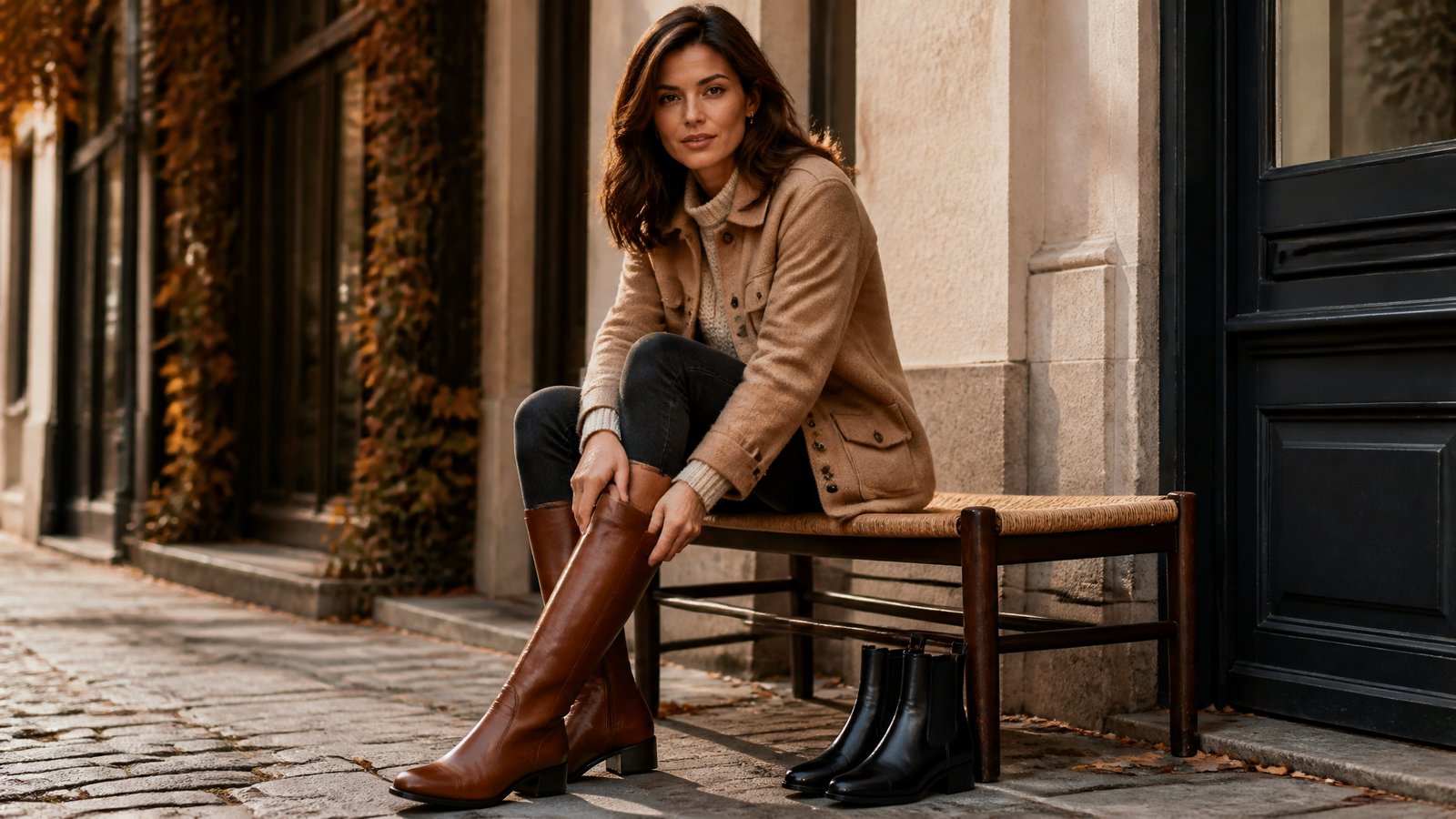 Woman in oatmeal knit pulling on knee-high boots while black ankle boots sit nearby, fall boots comparison