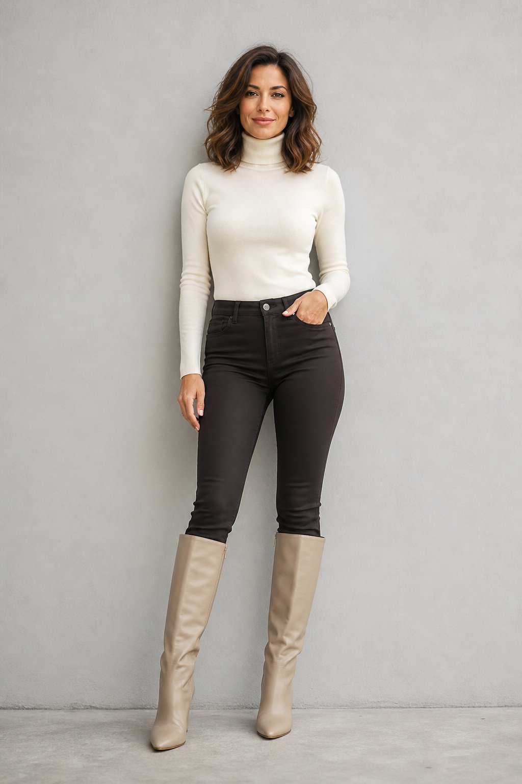 Petite woman in cream turtleneck and dark trousers tucked into beige knee-high boots