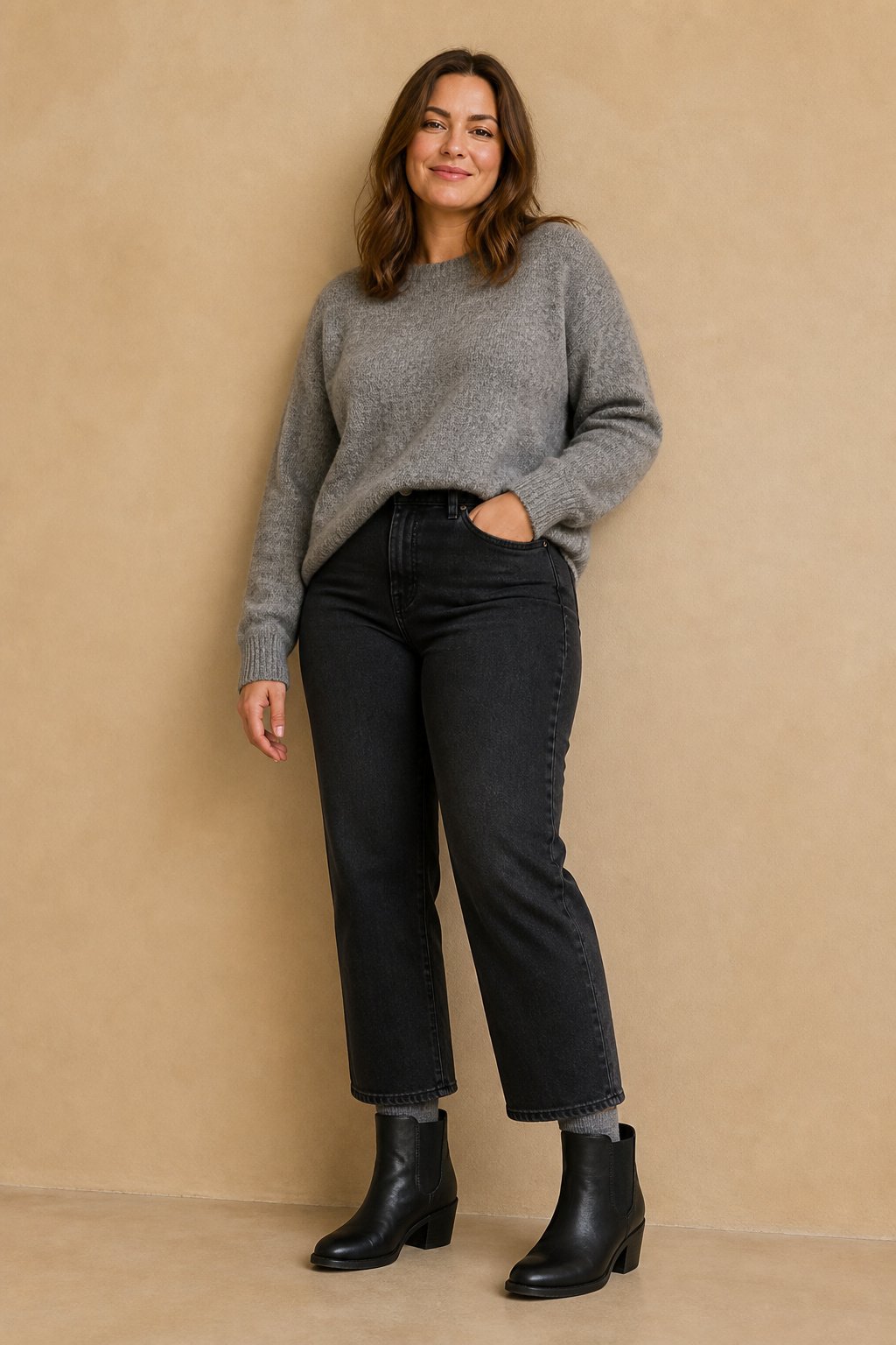 Woman with fuller calves wearing wide-shaft black ankle boots with straight jeans and grey knit