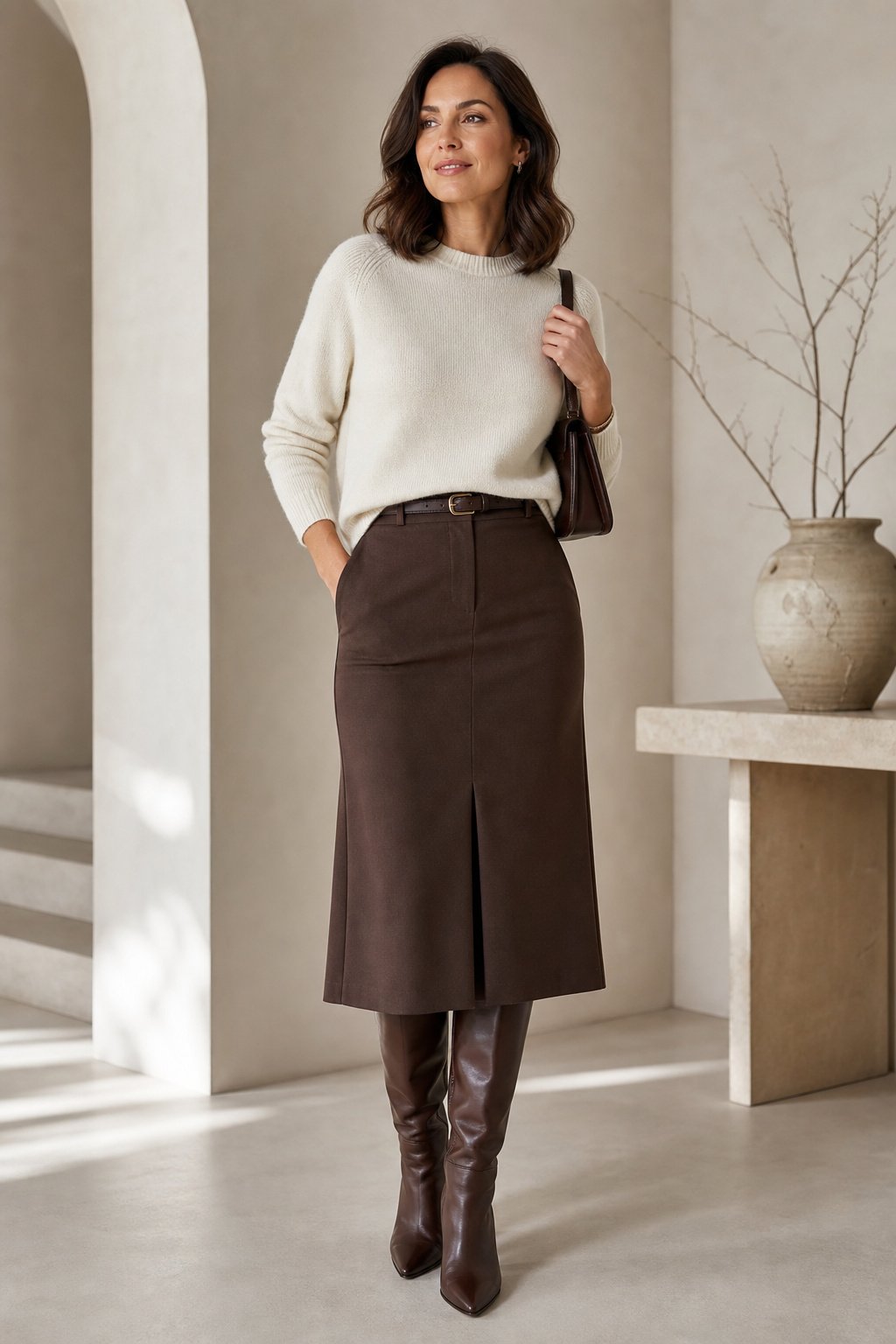 Woman in chocolate brown midi skirt with fine-gauge cream knit and brown knee-high boots