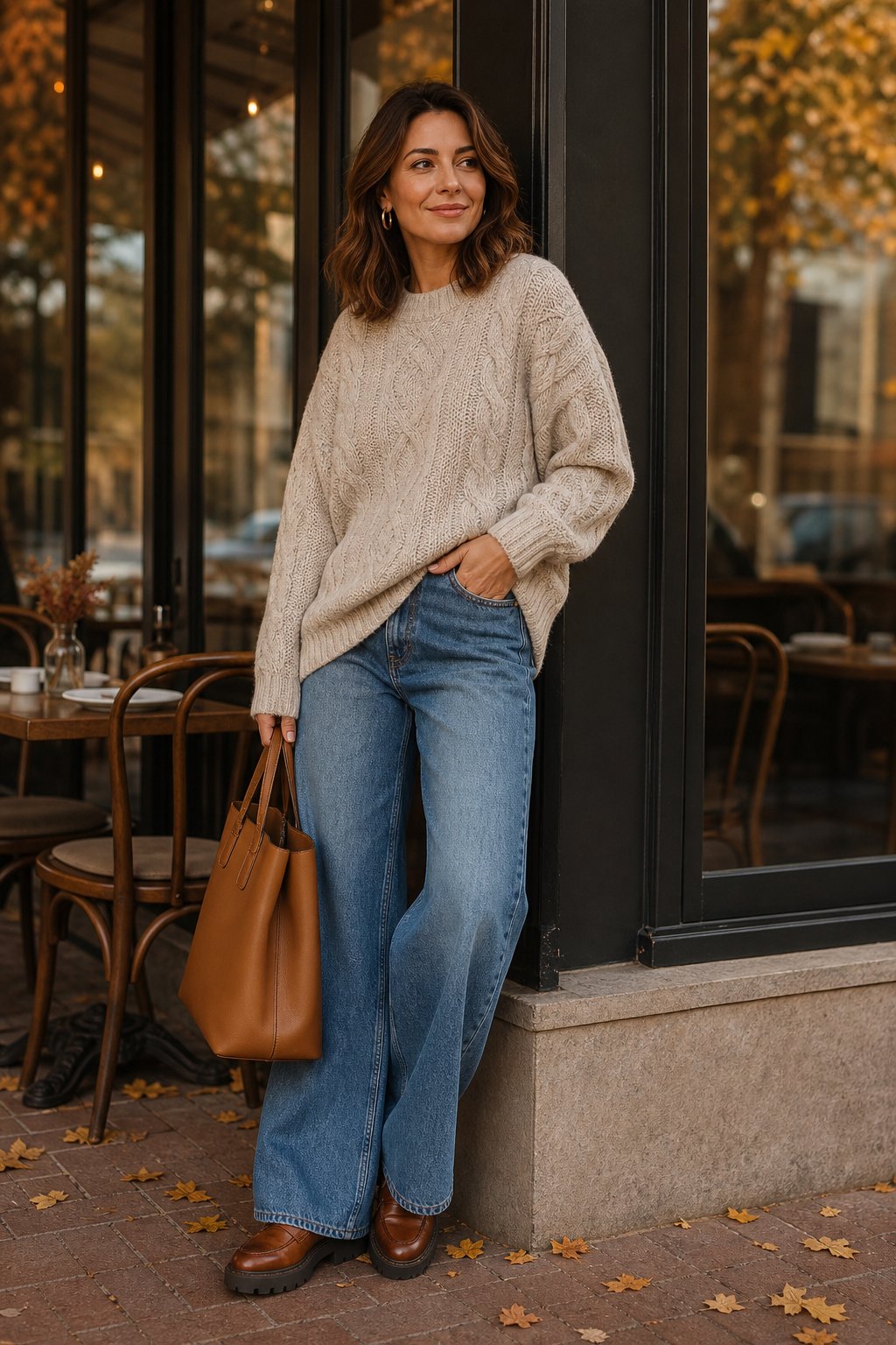 Woman in her 30s wearing a chunky oatmeal cable knit sweater with wide leg jeans and loafers for a fall brunch outfit