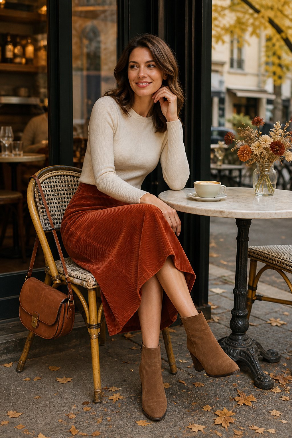 Woman in her 30s wearing a rust corduroy A line skirt with a cream crewneck knit and suede ankle boots for brunch