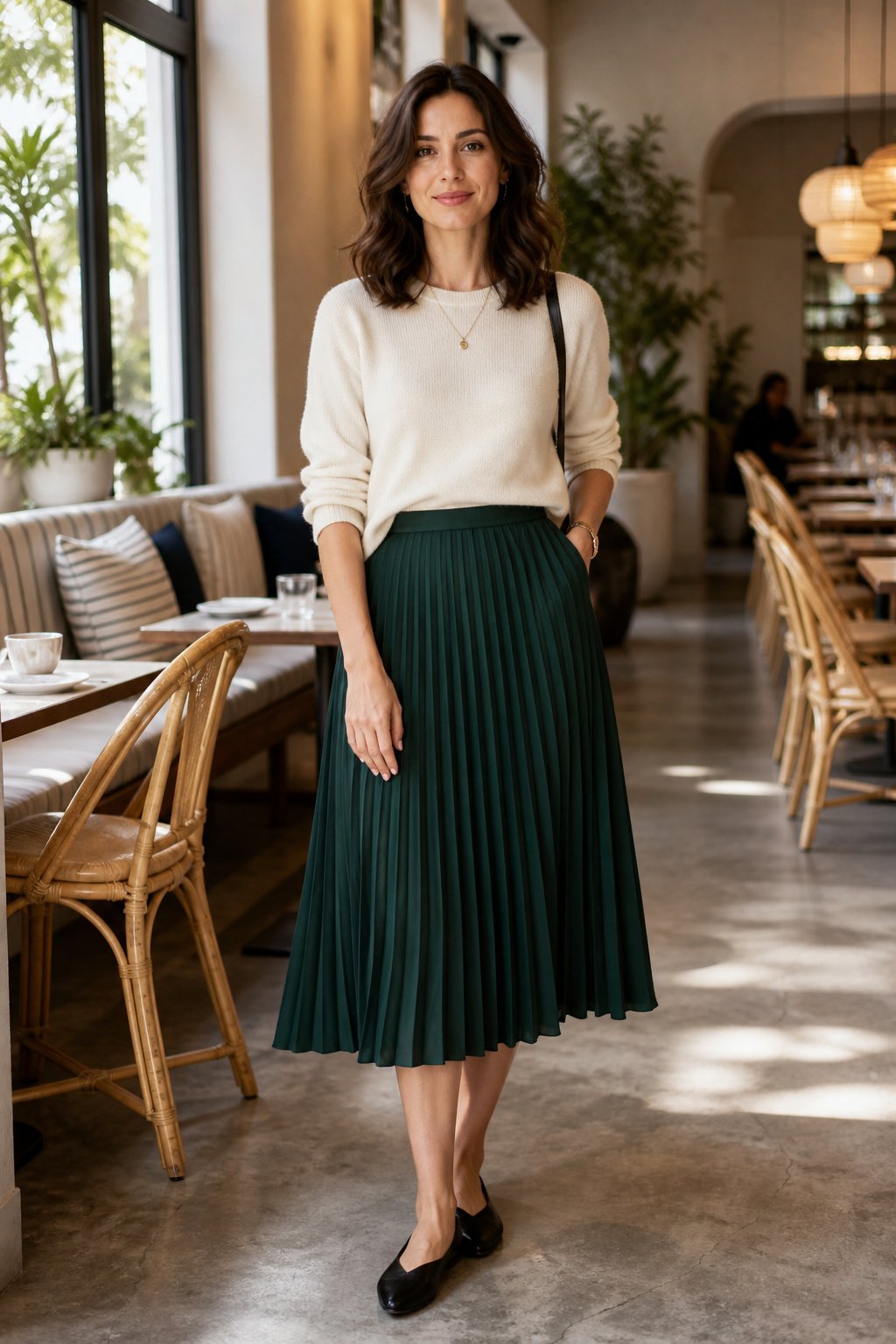 Woman in her 30s wearing a forest green pleated midi skirt with a cream crewneck sweater and leather flats for brunch