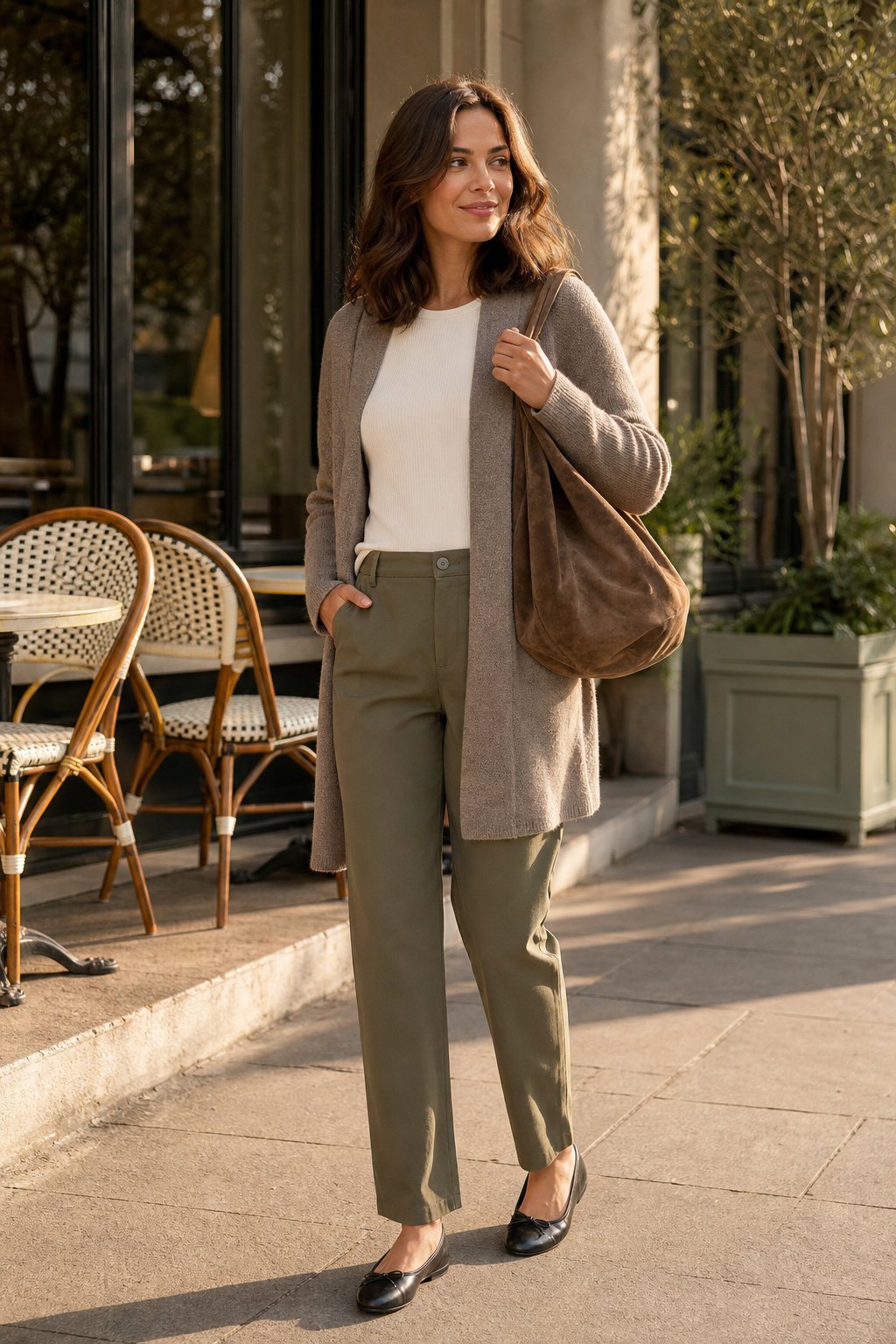 Woman in her 30s wearing a taupe longline cardigan over a white tee with olive straight leg trousers and ballet flats