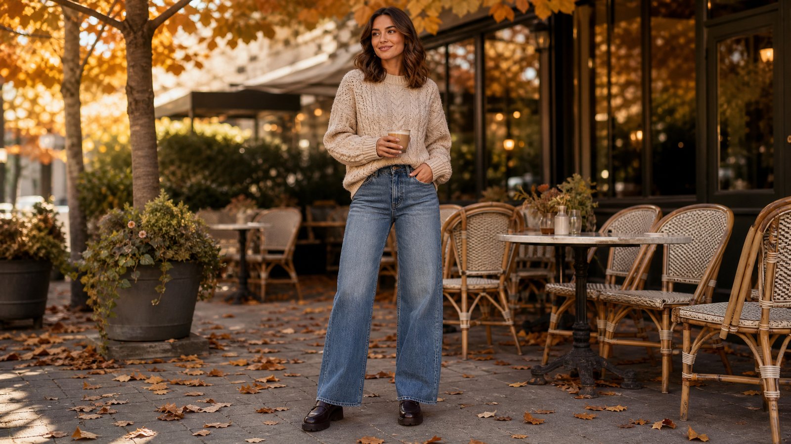 Fall brunch outfit for a woman in her early 30s in an oatmeal cable knit sweater, wide leg jeans and loafers