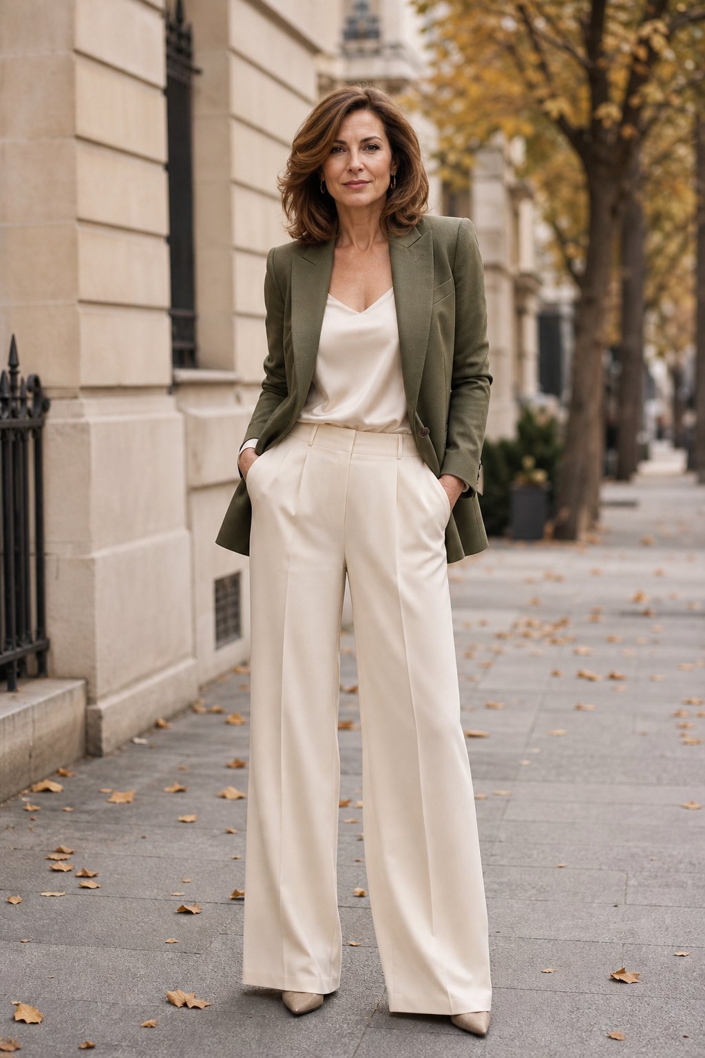 Woman in her mid-40s wearing a tailored olive blazer over a silk top with wide-leg trousers for fall