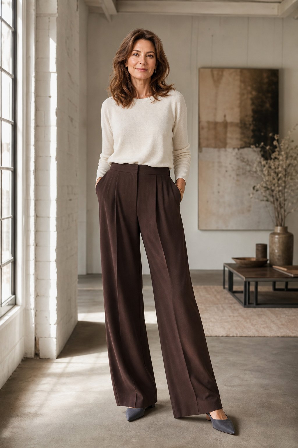 Elegant woman in her 40s in chocolate brown wide-leg trousers with a tucked knit top and pointed flats