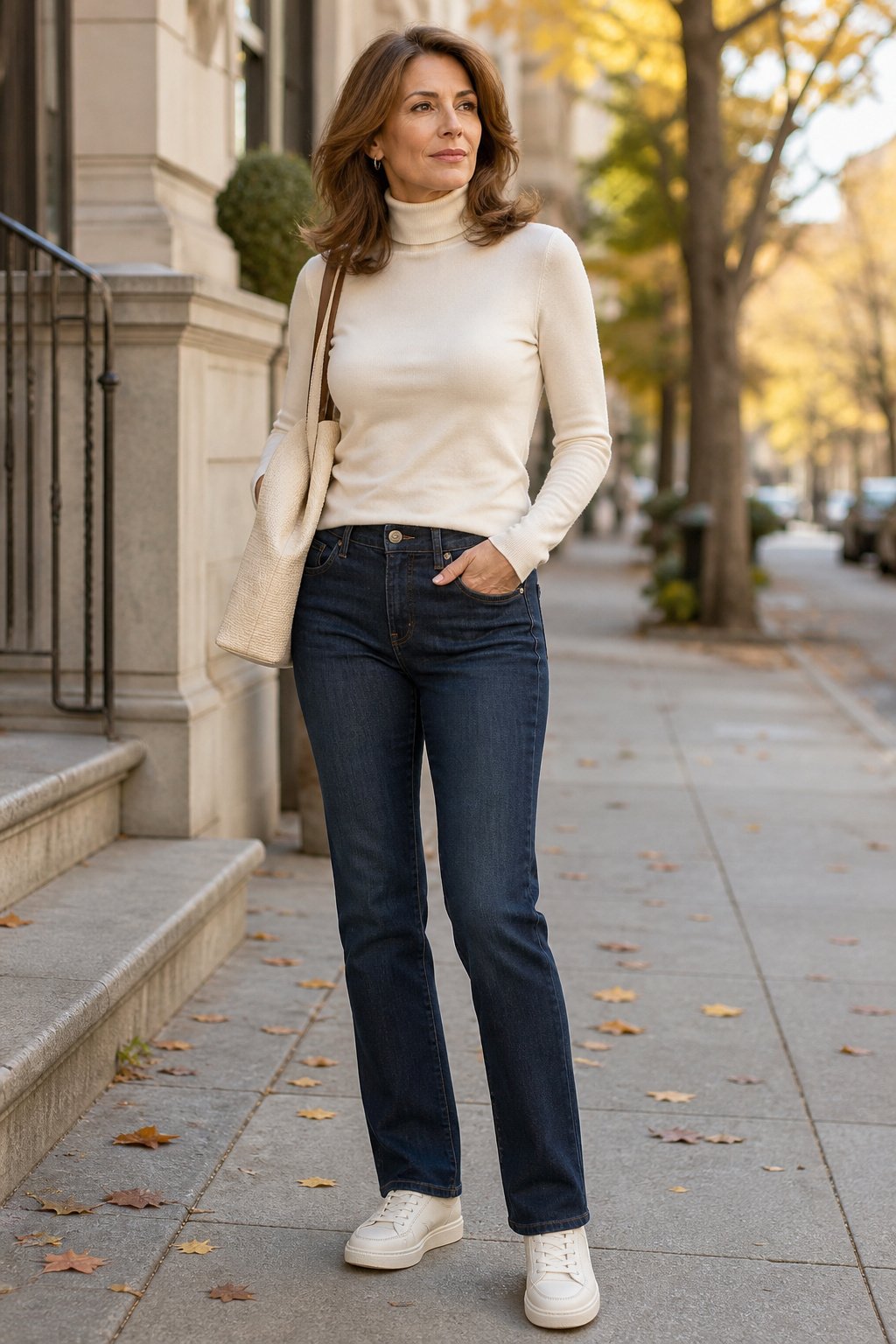 Woman in her 40s in dark wash straight leg jeans with a chunky oat knit sweater and leather ankle boots