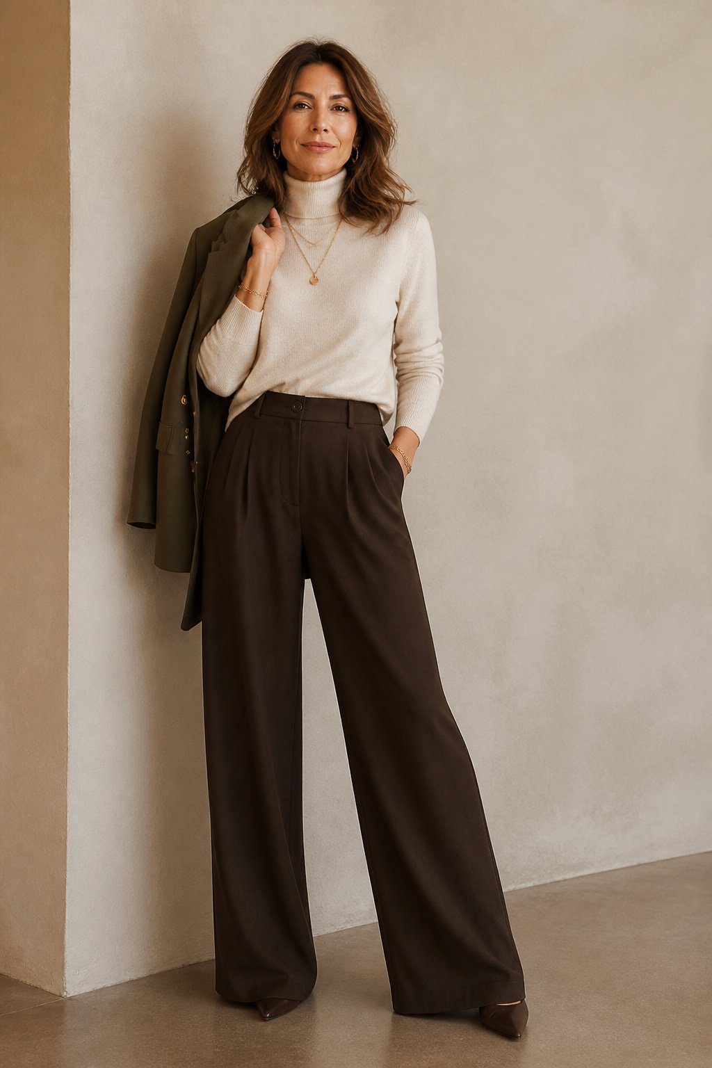 Woman in her mid-40s in an ivory silk cashmere turtleneck with an olive blazer and gold jewelry