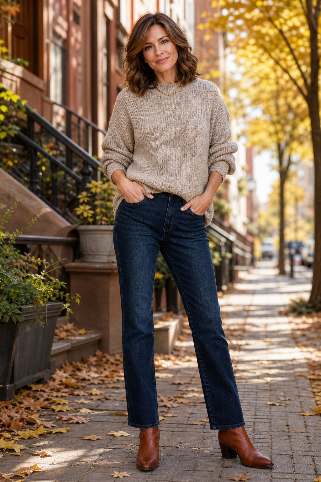 Woman in her 40s in a chunky oat knit sweater with straight leg jeans and a camel cardigan over one shoulder