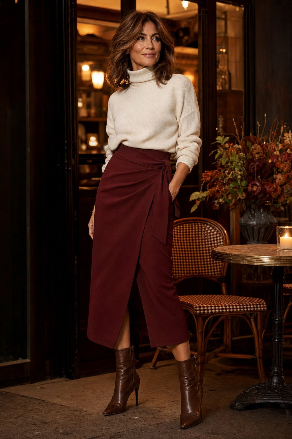 Stylish woman in her 40s in a burgundy midi wrap skirt with an ivory turtleneck and heeled ankle boots