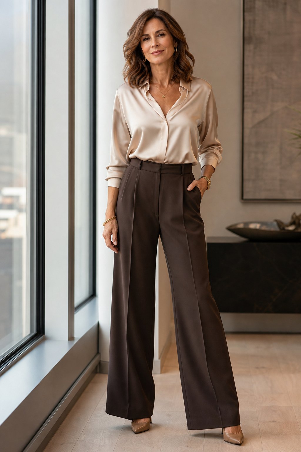 Woman in her 40s in a champagne silk blouse with chocolate wide leg trousers and gold jewelry