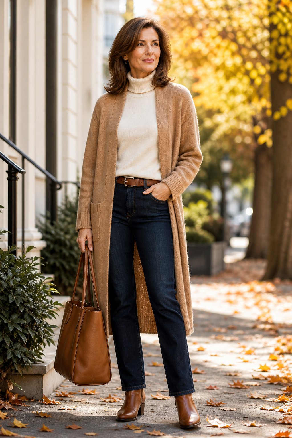 Woman in her 40s in a camel knit cardigan over an ivory turtleneck with dark jeans and a tote
