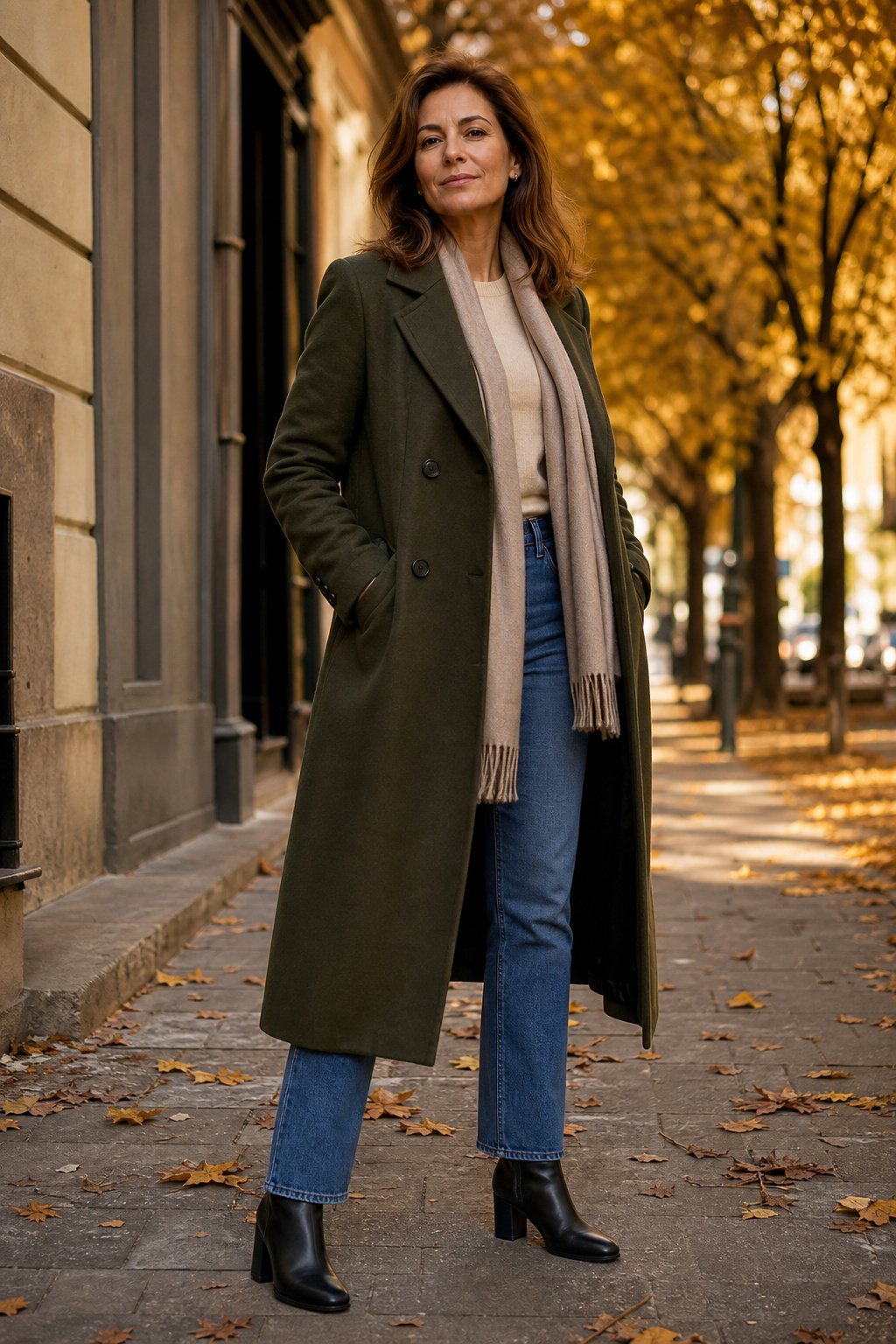 Woman in her mid-40s wearing black leather ankle boots with wide leg trousers and a long coat on a city street