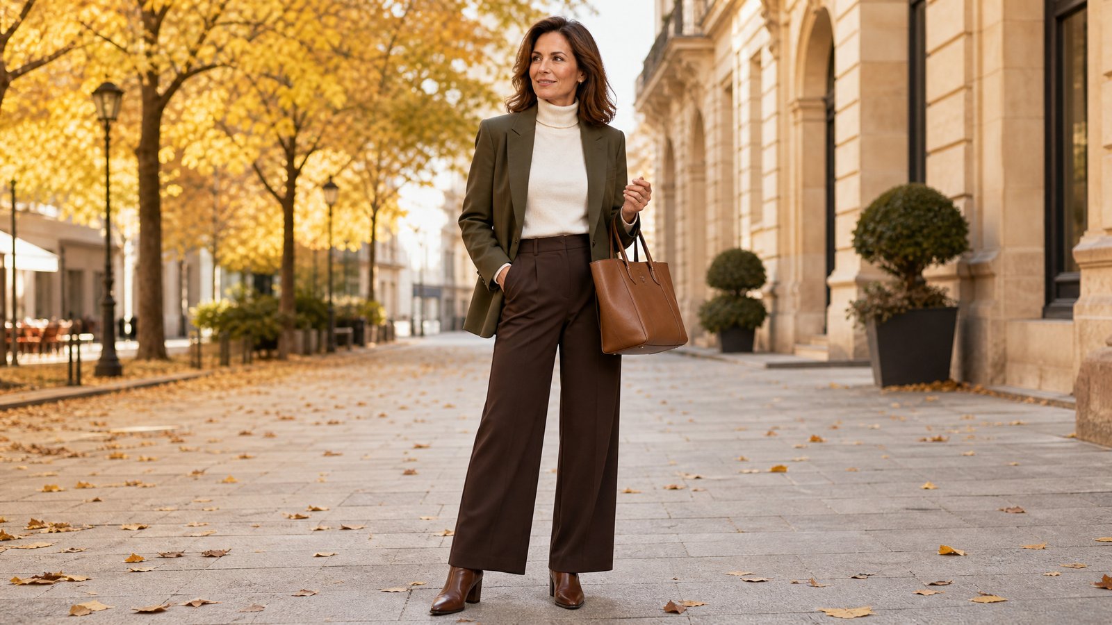Woman in her mid-40s in an olive blazer over an ivory turtleneck with chocolate wide-leg trousers, fall capsule outfit