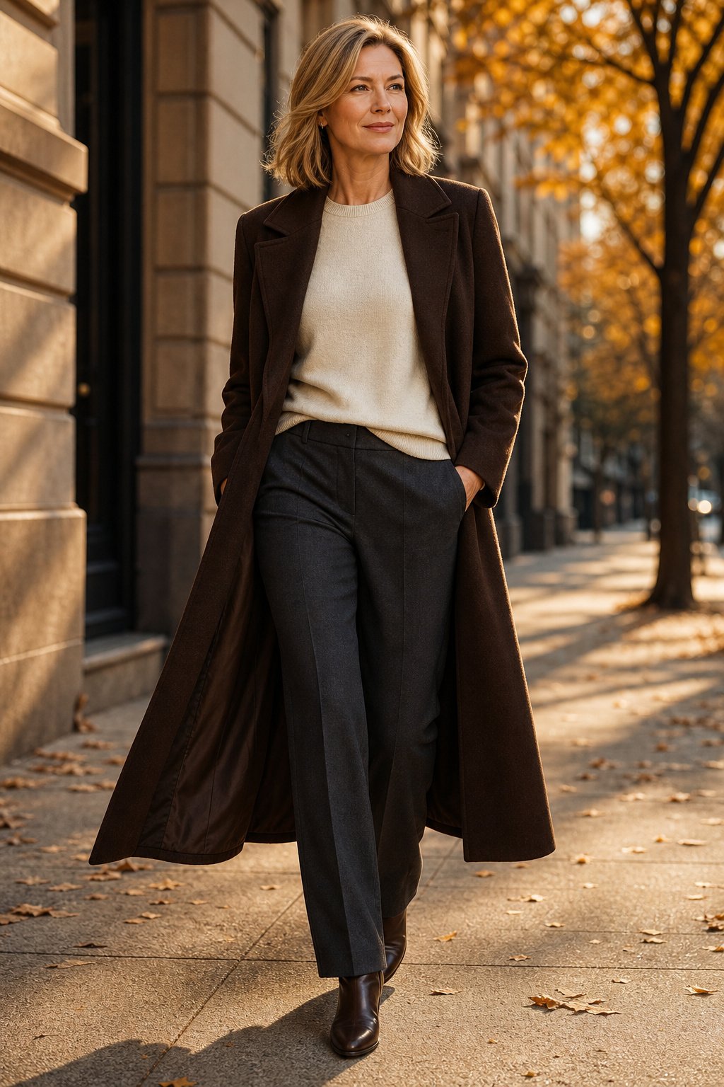 Woman in her early 50s wearing an espresso longline wool coat over a cream crewneck in autumn