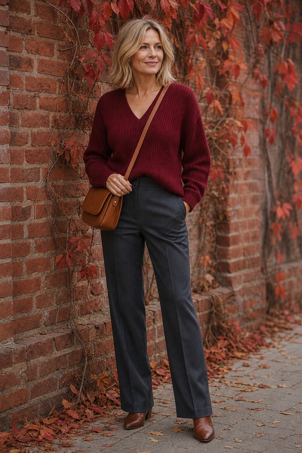 Woman in her early 50s wearing a wine red V-neck knit with charcoal trousers and a cognac bag