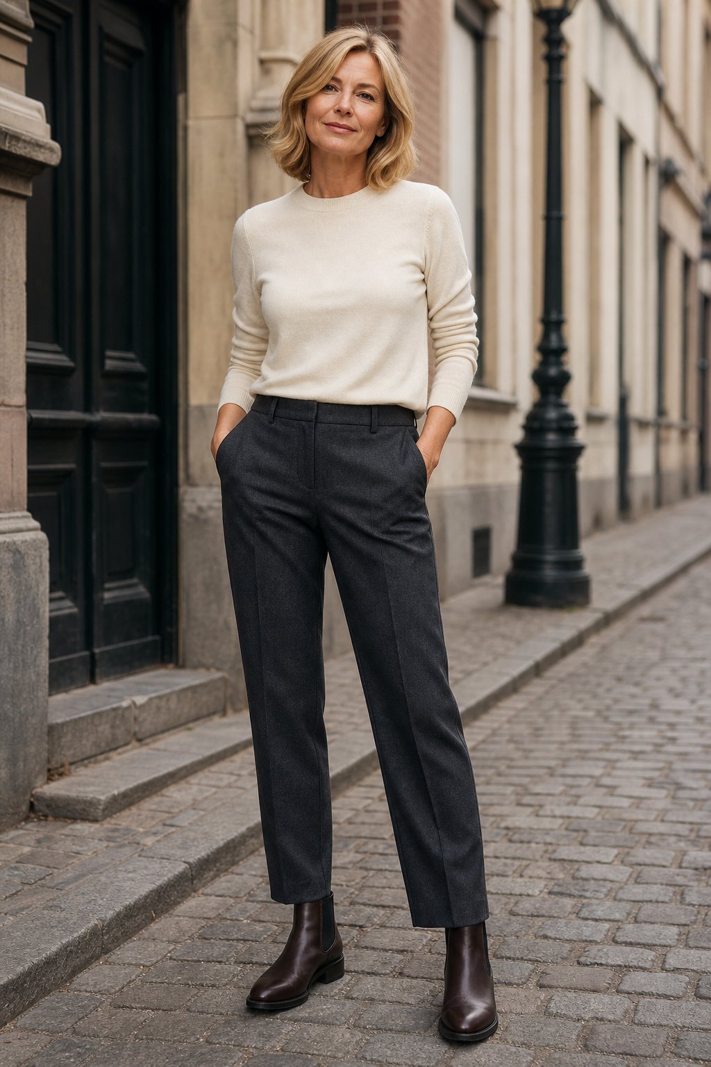 Woman in her early 50s wearing cream crewneck with charcoal wide-leg trousers and Chelsea boots on a city street