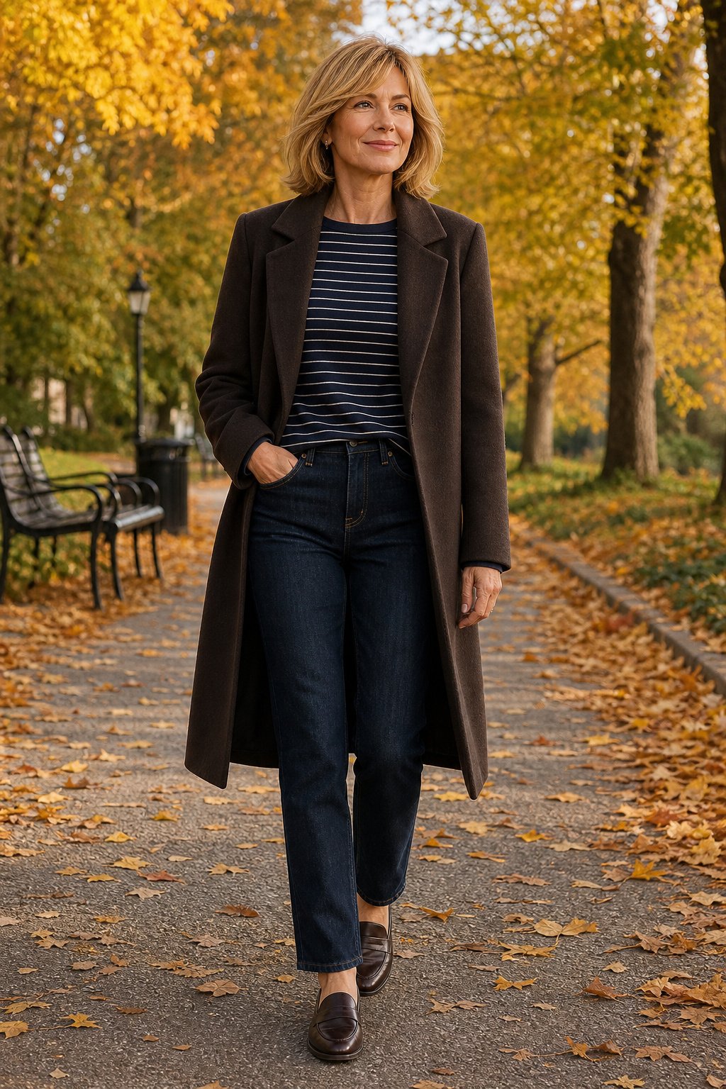 Woman in her early 50s in dark-wash straight jeans, navy striped tee and open espresso coat in a park