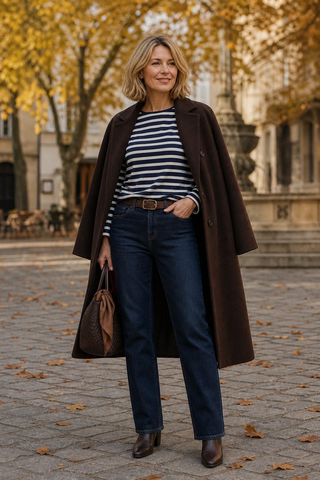 Woman in her early 50s wearing a navy striped long-sleeve tee, dark jeans and espresso coat draped over shoulders
