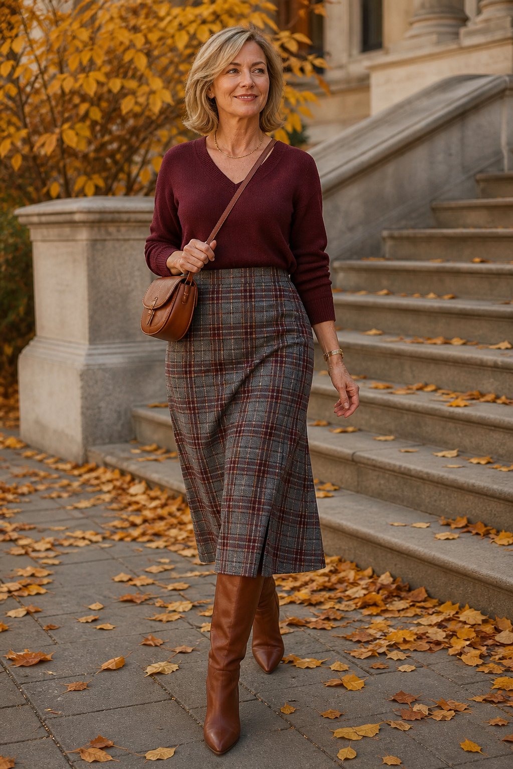 Woman in her early 50s wearing a grey and wine plaid wool midi skirt with a wine V-neck knit and cognac bag