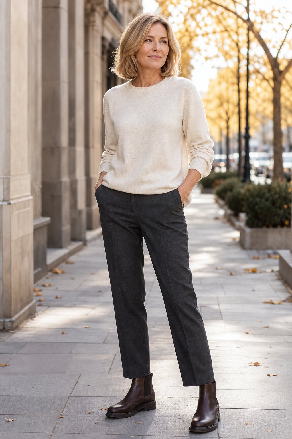 Woman in her early 50s wearing dark brown Chelsea boots with charcoal trousers, boots clearly visible