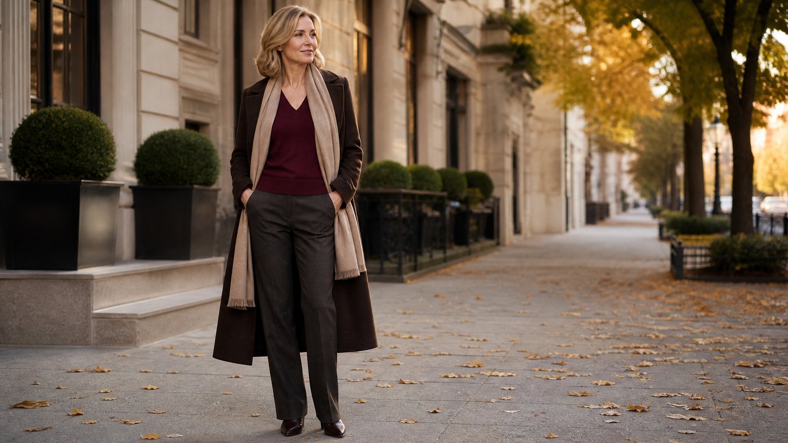 Woman in her early 50s wearing a longline espresso wool coat over a wine knit with charcoal trousers, fall capsule outfit