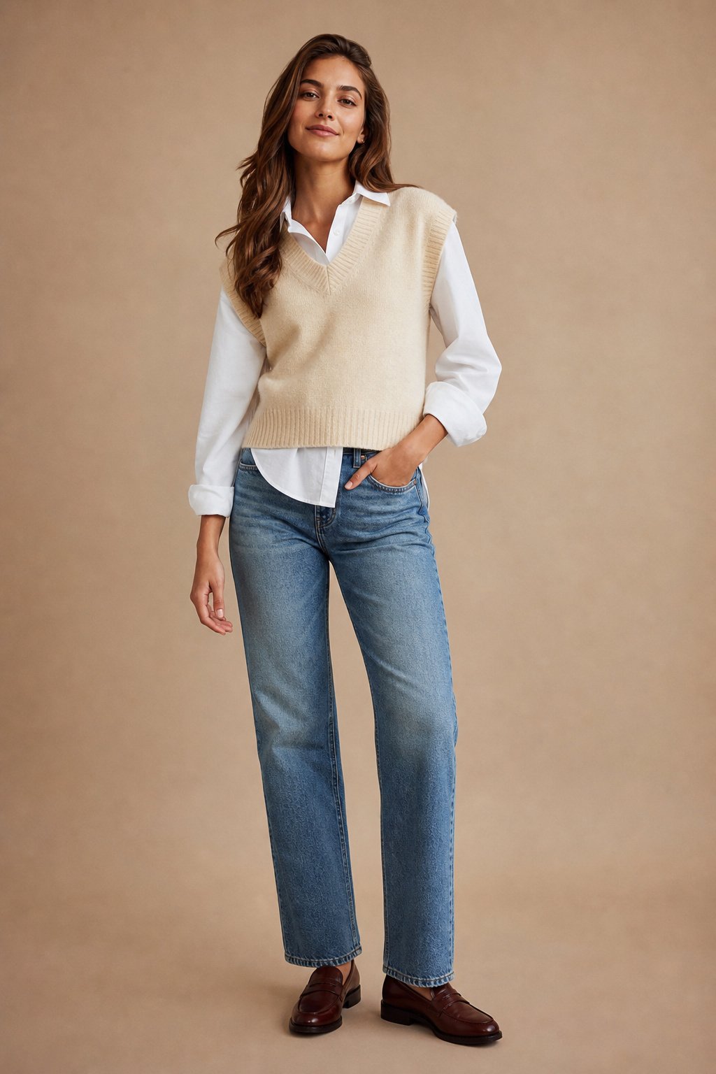 Young woman in her 20s wearing a sweater vest over a crisp white button down with straight leg jeans for a fall date night