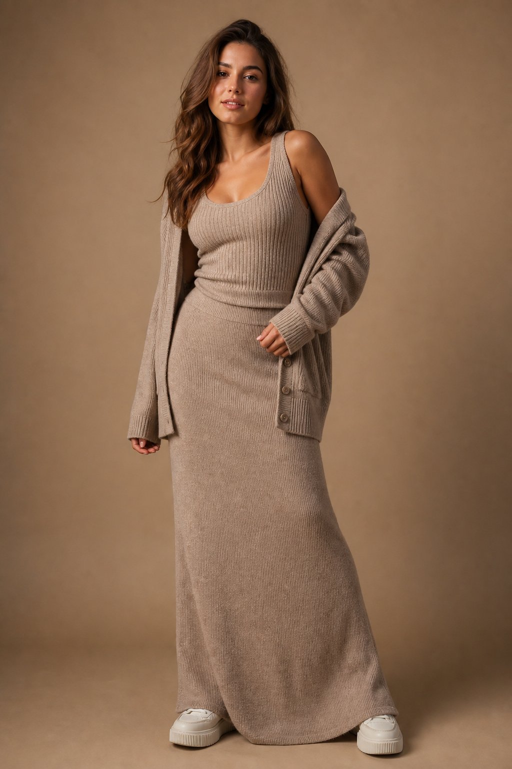 Young woman in her 20s wearing a knit maxi skirt with a fitted tank and open cardigan for a cozy fall date night